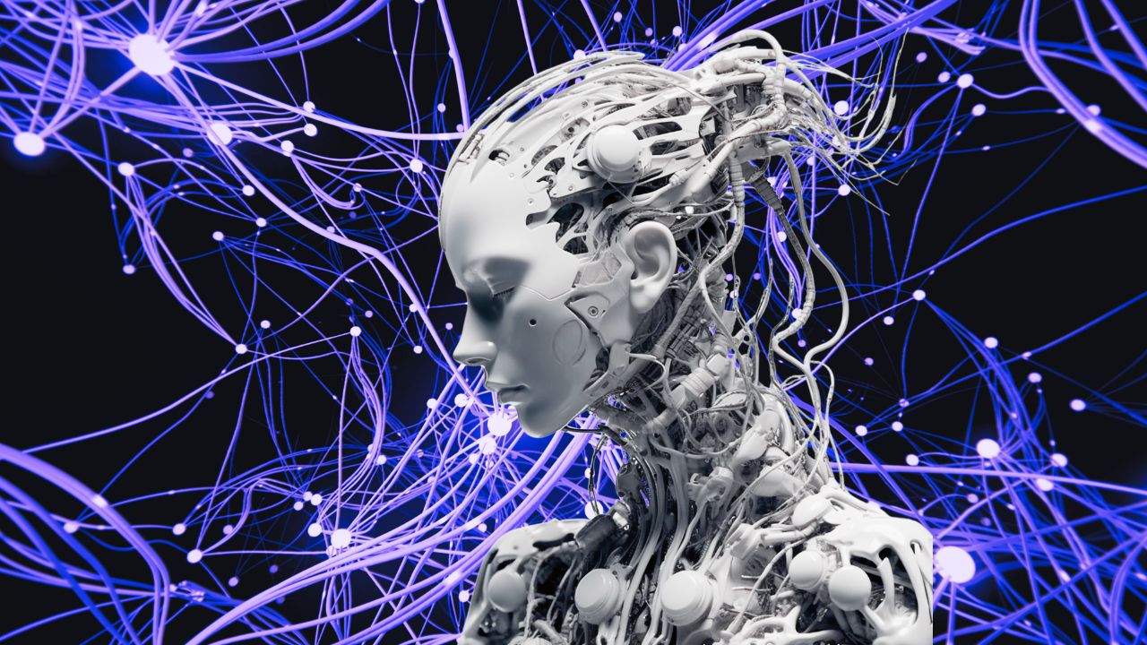 Weiblicher Roboter, weiß, vor dunklem Hintergrund mit synaptischem Netzwerk